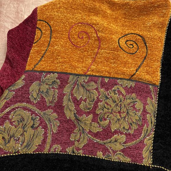 Vintage 90s Allure Boutique Chenille Knit Patchwork Embroidered Cardigan Sweater - Picture 4 of 8